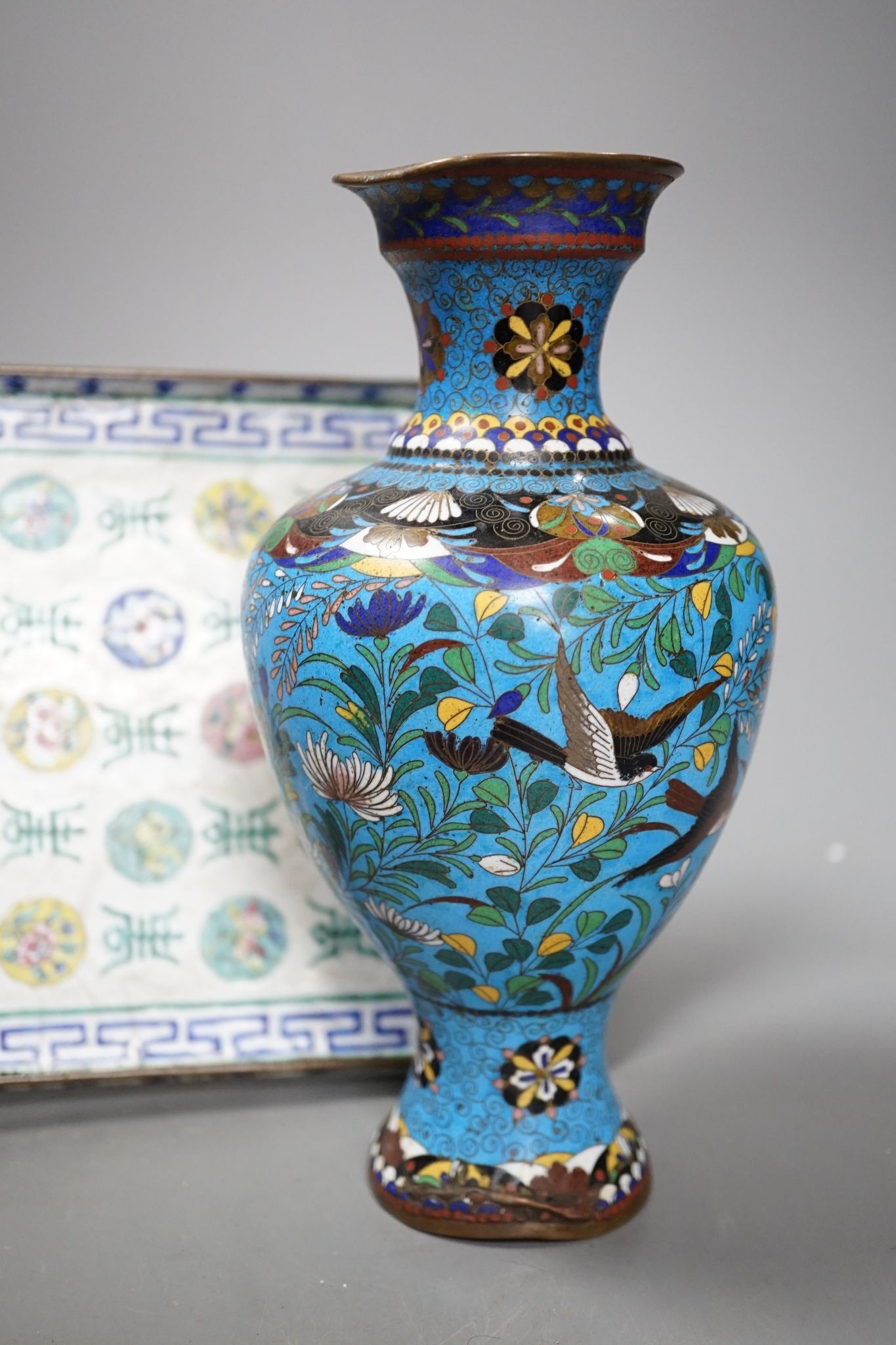 A 19th century Canton enamel tray, a cloisonne enamel bowl and a vase, 30cm